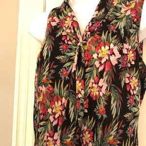 Tahari perfect summer blouse  - pinks, greens, reds on silky black base